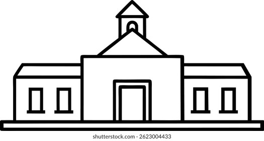 Simples desenho de linha preta de um edifício da escola.