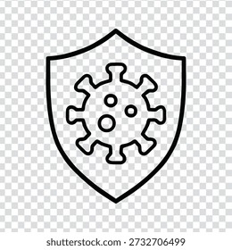 A simple black line drawing of a shield with a stylized germ or virus icon in the center, set against a transparent background with a subtle grey and white checkerboard pattern