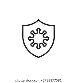 A simple black line drawing of a shield with a stylized virus or germ icon in the center, set against a clean white background, conveying protection and safety