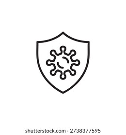 A simple black line drawing of a shield with a stylized virus or germ icon inside, on a pure white background, conveying protection