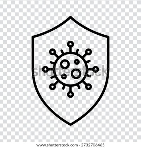 A simple black line drawing of a shield with a virus cell inside on a transparent gray and white checkered background