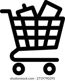 A simple black line drawing of a shopping cart