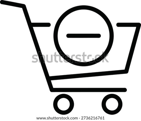 A simple black line drawing of a shopping cart with a minus sign inside a circle on its front, indicating removal of an item