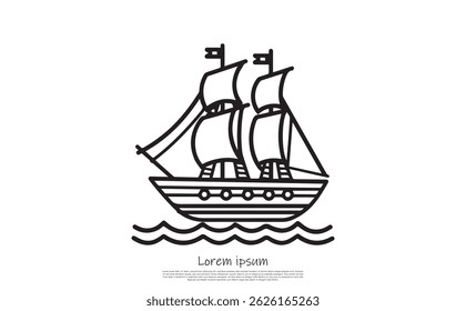 Eine einfache schwarze Linie zeigt ein Schiff auf See mit zwei Masten und Flaggen, die auf transparentem Hintergrund stehen.