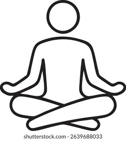 A simple black line drawing shows a person in the lotus position, meditating with their legs crossed and hands resting on knees.