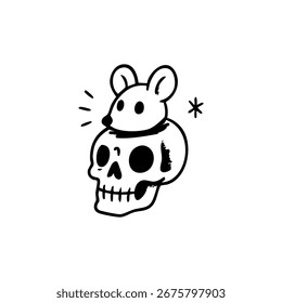 A simple black line drawing of a skull with a mouse on top.  A stylized radiating burst of lines emanates from near the mouse. A small asterisk is in the top right