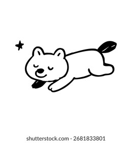 Dibujo de línea negro simple de un oso de dibujos animados durmiendo con una estrella