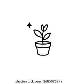 Simple black line drawing of a small plant in a pot, with a small star above it
