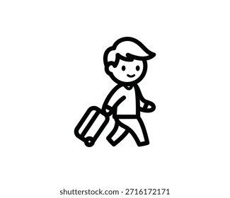 Um simples desenho em linha preta de um homem sorridente puxando uma mala, representando viagens e férias