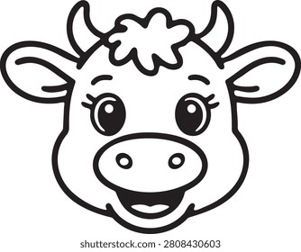 A simple black line drawing of a smiling cartoon cow's head with big eyes and a cheerful expression on a white background, animal vector, cow head, cow vector, color, coloring page, kids coloring page, coloring page illustration, kids book, activity book, outline art, cow coloring book page.