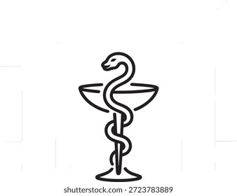 Simple black line drawing of a snake entwined around a medical goblet symbolizing healthcare and medicine in a minimalist and clean visual representation.