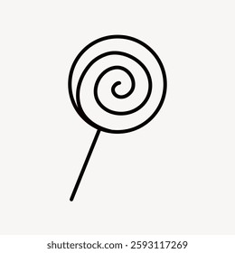 Simple black line drawing of a spiral lollipop on a stick, centered on a plain white background. Minimalist lollipop design with a classic spiral shape. Vector illustration.