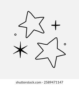 Simple black line drawing of stars and dots on a white background. Minimalist stars, abstract stars, and small dots create a whimsical, starry design. Star element vector.