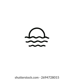 Dibujo de línea negra simple de un sol que se pone sobre el agua