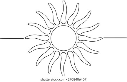 Dibujo de línea negra simple de un sol con rayos solares ondulados