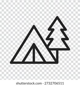 A simple black line drawing of a tent and a pine tree, set against a transparent background with a subtle grey and white checkerboard pattern