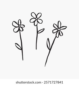 Simple black line drawing of three flowers with stems and leaves. Minimalist floral illustration with delicate petals and elegant lines. Simple black line art doodle vector.