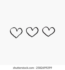 Simple black line drawing of three hearts on a plain white background. Minimalist heart design with three black hearts. Artistic heart sketch in black. Valentine's Day illustration vector.