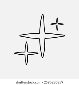 Simple black line drawing of three sparkling stars on a light gray background. Minimalist design with stars. Sparkling stars in a minimalist style. Star element vector.