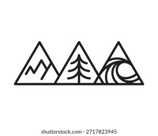 Um simples desenho em linha preta de três montanhas triangulares com um desenho em árvore e onda