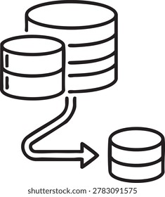 A simple black line drawing of three cylinder databases with horizontal lines, one large, one small on left, one small on right, with a curved arrow pointing to the small one on the right from the lar