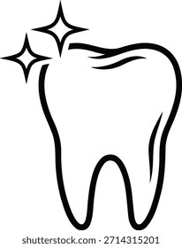 A simple black line drawing of a tooth with sparkling stars above it, depicted in a minimalist style with bold lines and a pure white background