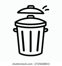 Un simple dibujo de línea negra de un bote de basura con la tapa parcialmente abierta, que transmite una sensación de eliminación o desperdicio, sobre un fondo blanco limpio.