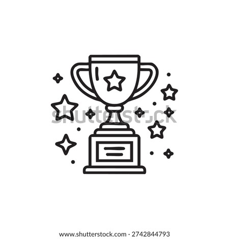 A simple black line drawing of a trophy with a star on the front, surrounded by various stars and sparkles on a white background