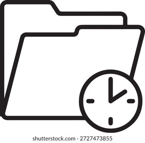 Un simple dibujo de línea negra de dos carpetas de archivos con un reloj en la parte frontal, que simboliza la organización y los plazos en un fondo blanco liso