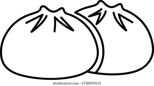 Un simple dibujo de línea negra de dos bolas de masa hervida o artículos de comida envueltos similares sobre un fondo blanco
