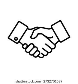 Um simples desenho de linha preta de duas mãos a tremer, simbolizando parceria e acordo, isolado em fundo branco