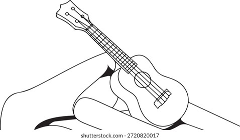 Desenho simples em linha preta de um ukulele apoiado em uma mão estendida contra um fundo branco plano enfatizando os detalhes do instrumento.