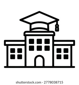 A simple black line drawing of a university building with a graduation cap on top, symbolizing education and academic achievement in a minimalist style.