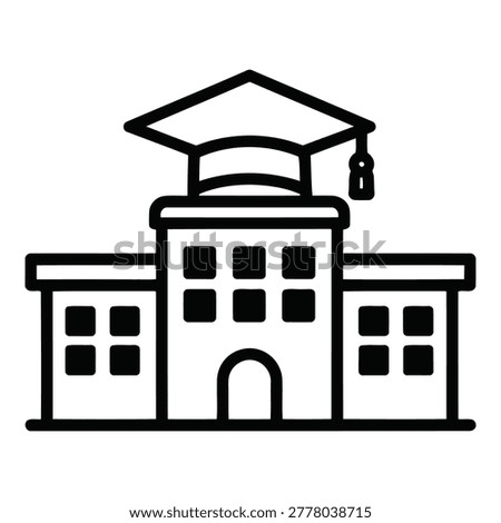 A simple black line drawing of a university building with a graduation cap on top, symbolizing education and academic achievement in a minimalist style.