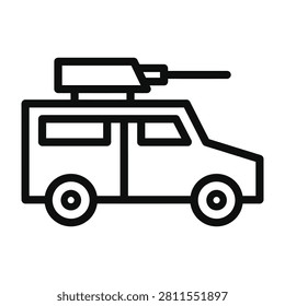 A simple black line drawing of a van with a gun turret on top, symbolizing military or law enforcement vehicles in a minimalist style