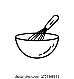 Simple black line drawing of a whisk inside a mixing bowl on a white background