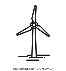 a simple black line drawing of a wind turbine on a white background, the turbine has three blades and a tall pole