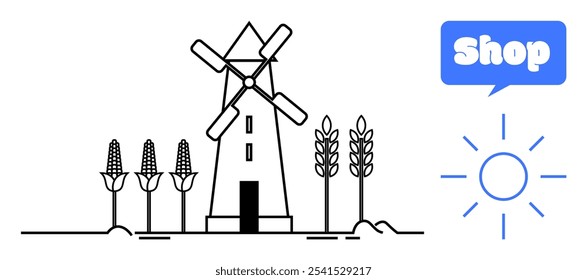 Simple black line drawing of a windmill, surrounded by wheat and corn plants with a blue shop icon and sun symbol. Ideal for agriculture, rural business, online shopping, sustainable energy