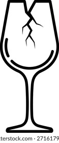 A simple black line drawing of a wine glass with a crack in the bowl, depicted in a minimalist style on a white background, conveying a sense of fragility and damage.