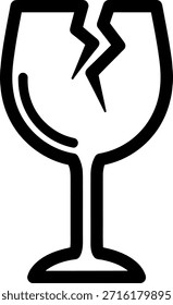 Eine einfache schwarze Linie aus einem Weinglas mit einem Riss in der Mitte, symbolisiert Bruch oder Zerbrechlichkeit, auf einfarbigem weißem Hintergrund.