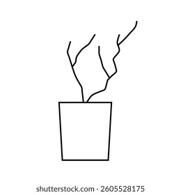 Simple black line drawing of a withered plant in a pot. Minimalist and abstract design symbolizing decay, neglect, or minimal aesthetic. Vector illustration