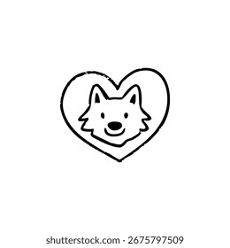 Dibujo de línea negra simple de la cabeza de un lobo dentro de una forma de corazón