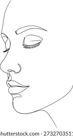 A simple black line drawing of a woman's face in profile, showcasing her features with closed eyes and subtle expression.
