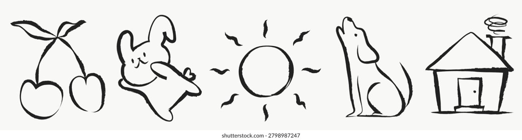 Simple black line drawings: cherries, playful bunny, sun, howling dog, and house. Minimalist style with cherries, bunny, and sun in focus. Cute illustrations, isolated vector set.