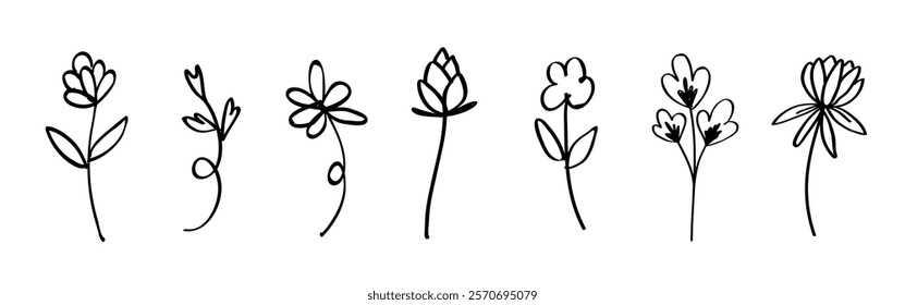 Simple black line drawings of flowers. Each flower is unique, showcasing different petal shapes. Minimalist flower designs perfect for art and decoration. Cute hand drawn floral elements, vector set.