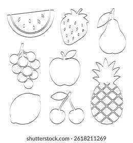 Simple black line drawings of various fruits including apple, pear, cherry, pineapple, and more on a white background. Vector illustration