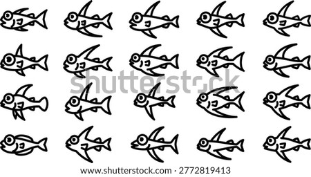 Simple black line of fish swimming in a pattern on white background, line black and, white repetition