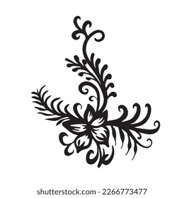 Simple black line floral flower ornamental tattoo silhouette outline vector illustration isolated on white square template. Elegant bold tattoo design.