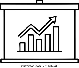 Un gráfico de línea negra simple con una tendencia ascendente en una pantalla de proyector, representado en un estilo minimalista con líneas limpias, aislado sobre un fondo blanco puro