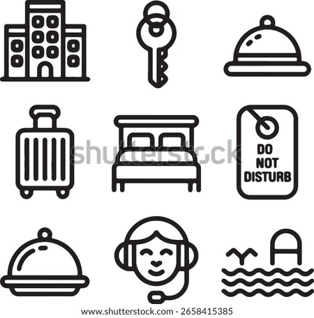 Simple Black Line Hotel and Resort Icons.